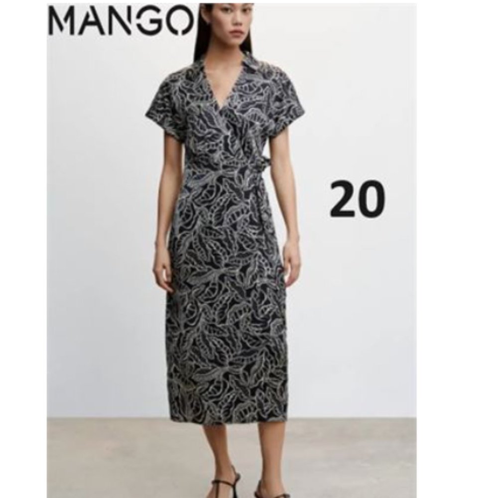 Mango Wrap Dress w side tie black white floral, shirt collar with short sleeves
